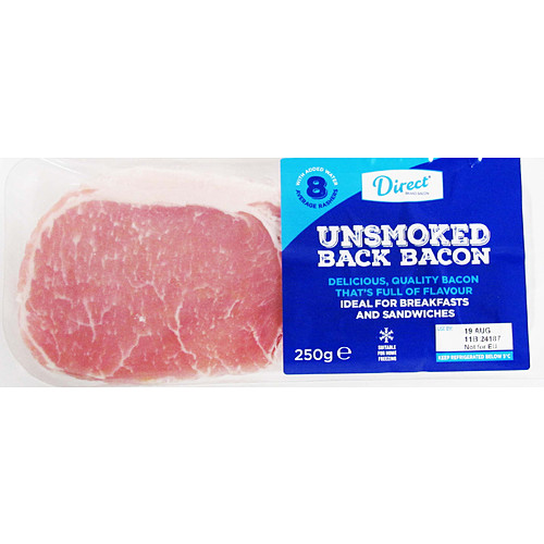 Direct Unsmoked Back Bacon Average 8 Rashesr 250g